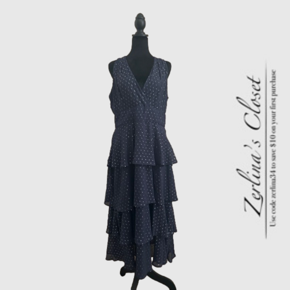 Taylor Sleeveless Ruffle Swiss Dot V Neck Blue Maxi Dress with Neck Tie Size 12
